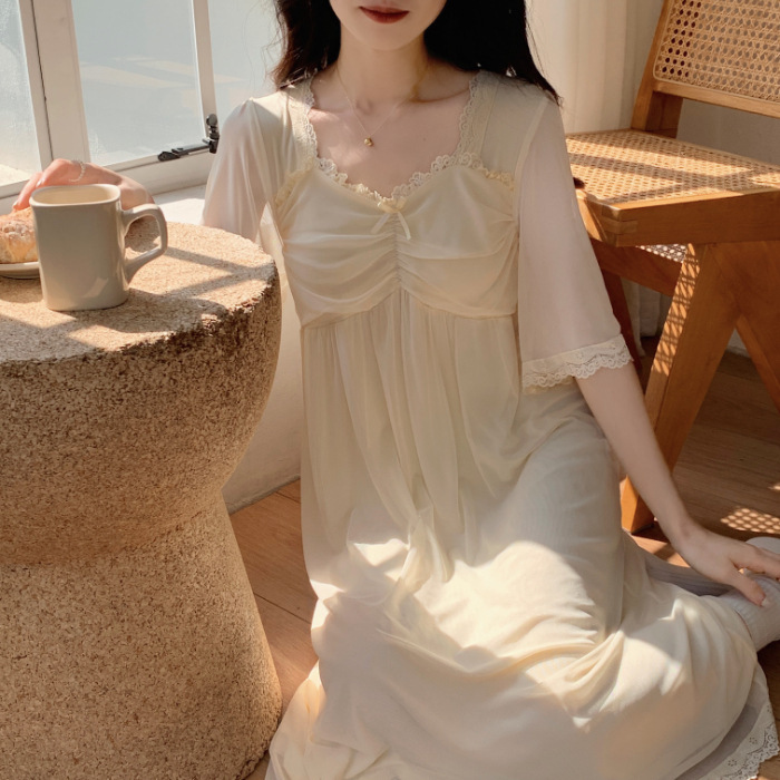 Summer New Modal Lace Mesh Nightdress Women V-neck Pajamas Women Sweet Simple Princess Style Home Wear Factory Summer New Modal Lace Mesh Nightdress Women V-neck Pajamas Women Sweet Simple Princess Style Home Wear Factory