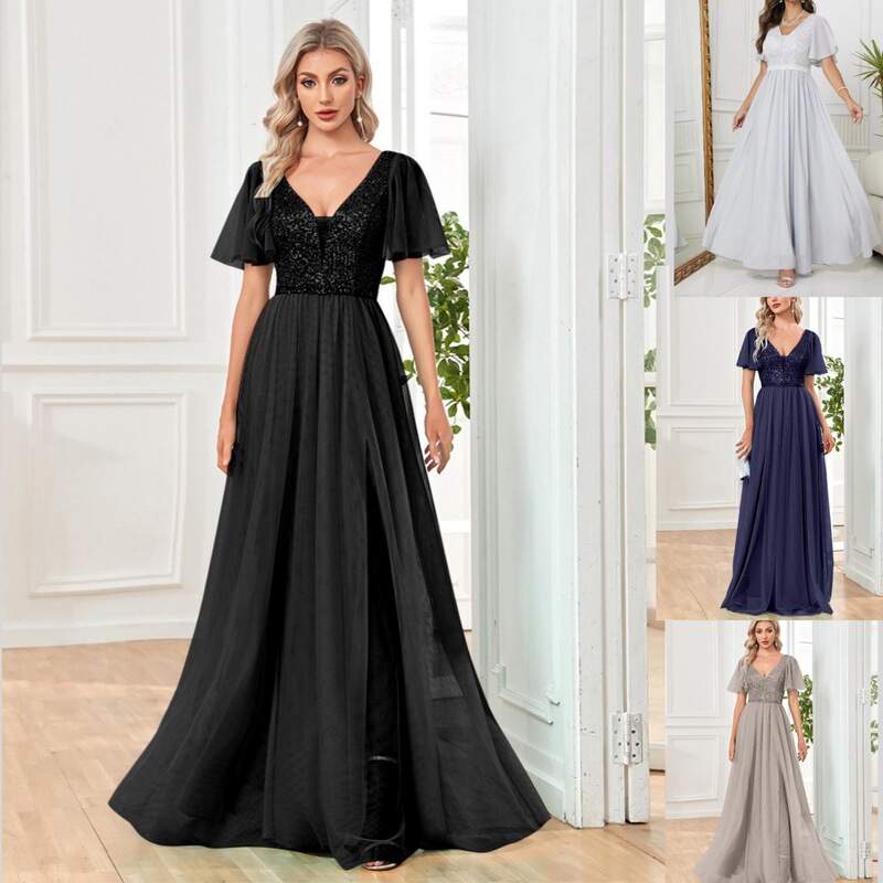 New Cross-Border Sequined European and American Evening Dress, Banquet Mesh Gown with Large Hem, V-Neck Sexy Short-Sleeve Long Dress