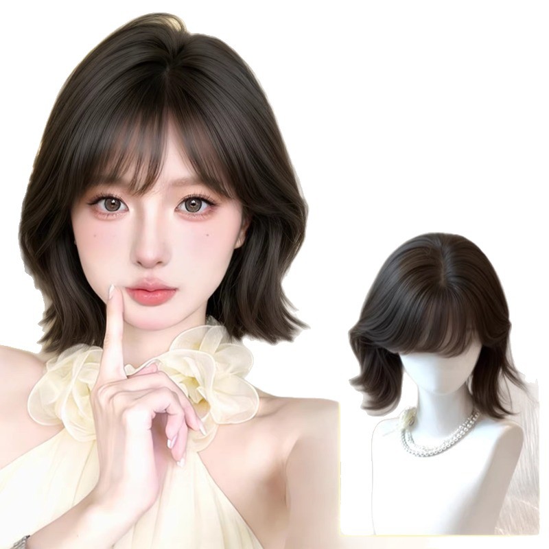 Korthårsperuk i koreansk stil för kvinnor med fluffiga lockar, naturlig åldersreducerande heltäckande kostym, realistiskt hår