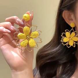 银针超仙拉菲草花朵耳环甜美ins气质耳钉时尚百搭耳饰小众高级感