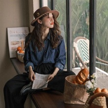 复古港风牛仔衬衫外套女叠穿内搭春秋季新款法式衬衣开衫上衣