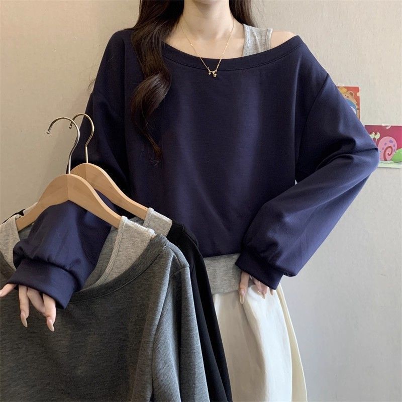 Plus-Size Designer-Style Fake Two-Piece Short Asymmetrical Shoulder Sweatshirt for Women, Spring 2026 New Loose Fit Slimming Irregular Top
