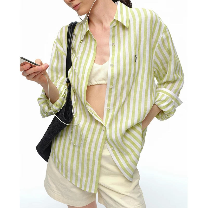 100% Linen Vertical Striped Shirt for Women, Long-Sleeve, Loose Fit, Casual, Suitable for Commuting, Sun-Protective Top, Summer Jacket