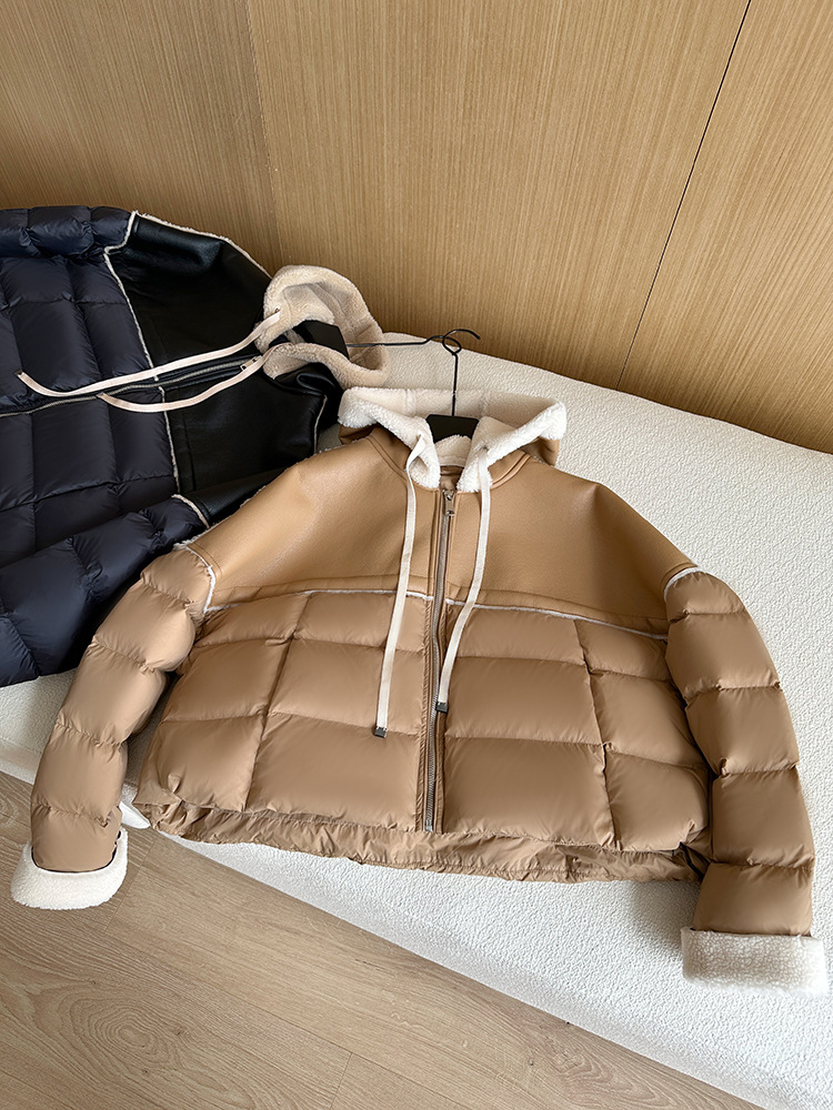 Giacca corta europea in piumino per donna stile corto cuciture colore a contrasto pelle PU leggera lusso alta qualità maglione largo 2024 nuovo inverno_voghion.com