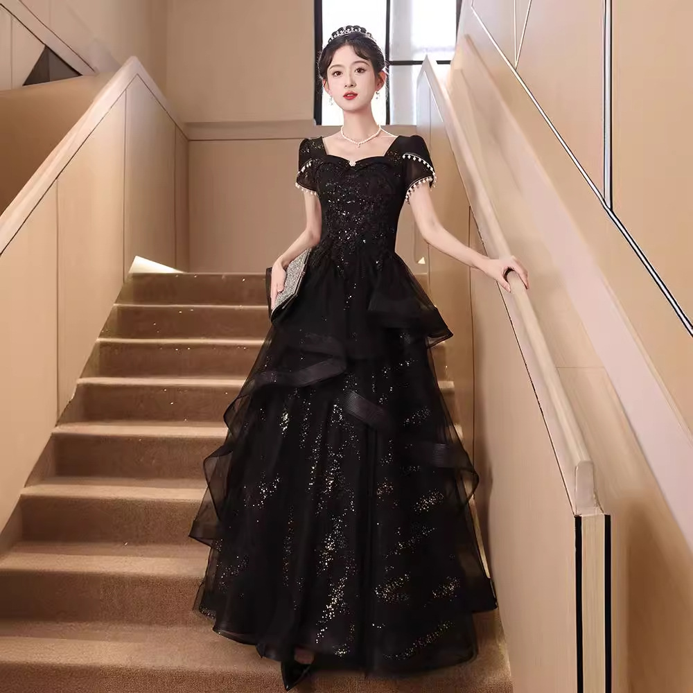 Black Evening Dress for Banquet 2026 New Style Light Luxury Niche Banquet French-Style Host Performance Dress High-End Long Style