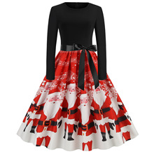 圣诞节女装杂款跨境赫本风复古秋冬圆领长袖撞色印花大摆连衣裙