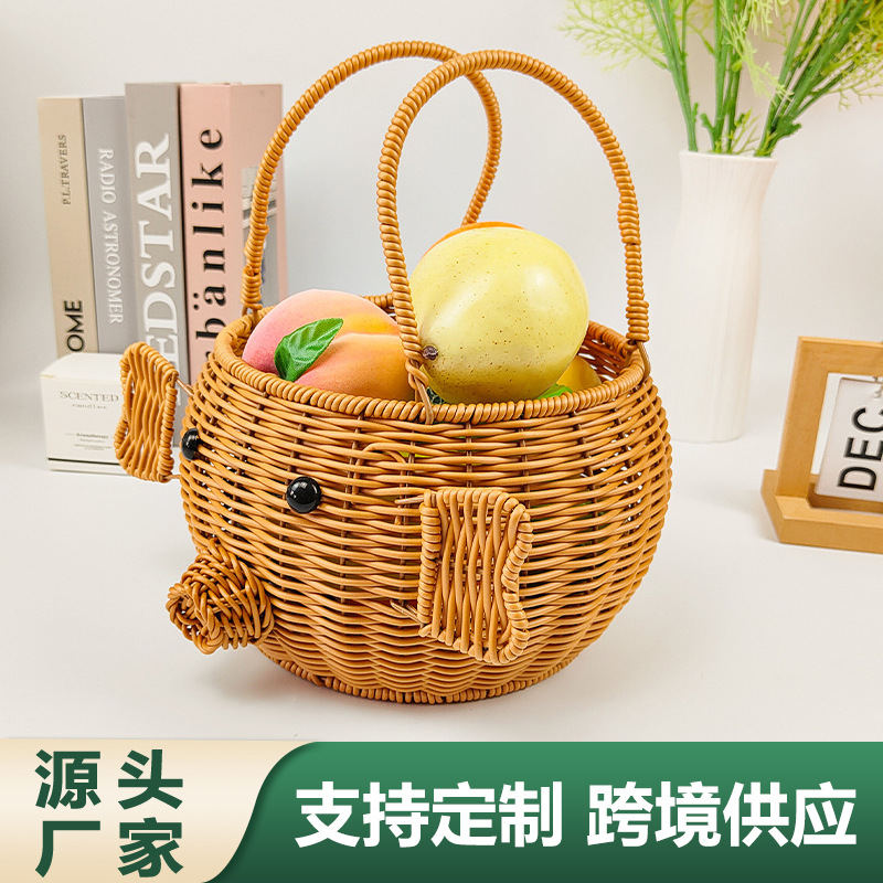 국경 간 배송 가능한 손잡이 바구니, 돼지 모양의 전원풍 가정용 수납 바구니, 과일 및 간식 보관 바구니