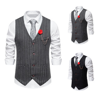 2024 spring and summer New Amazon Men's retro striped woolen single-breasted vest men's casual vest waistcoat