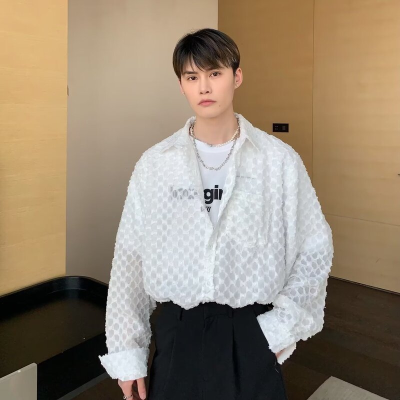 High-Quality Early Autumn Light Mature Abstinence Niche Design Hollow Long-Sleeved Shirt for Men Korean Style Handsome and Drapey Hairstyle