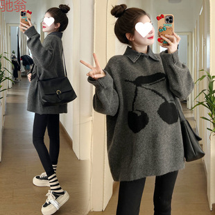 H8A plus size Pregnant Women's Sweater Autumn and Winter suit Korean Lapel Loose Thickened Fake Two-piece Knitted Sweater Jacket for Women 200