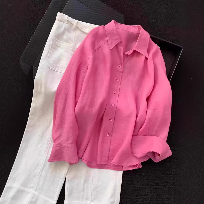 Raspberry Pink Linen Sun-Protective Shirt for Women, Summer High-End Loose Casual Premium Shirt, Unique and Beautiful Top Raspberry Pink Linen Sun-Protective Shirt for Women, Summer High-End Loose Casual Premium Shirt, Unique and Beautiful Top