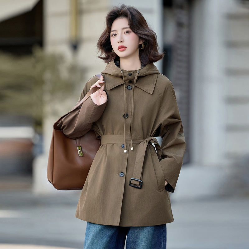 时尚格纹连帽收腰风衣2025年新款秋季胖mm宽松显瘦休闲风女装外套|undefined