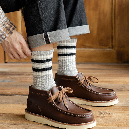 Chunky Crew Socks for Men: Autumn/Winter Pure Cotton Mid-Calf Socks, Instagram-Famous Japanese-Style Striped Long Socks with Vintage High-Waist Design