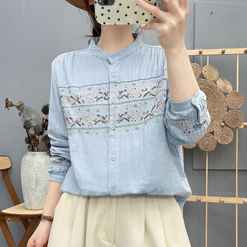 Double-Layer Cotton Gauze Stand-Up Collar Long-Sleeved Shirt for Women, Artistic Embroidered Beautiful and Unique Flower Embroidered Bottoming Shirt Top