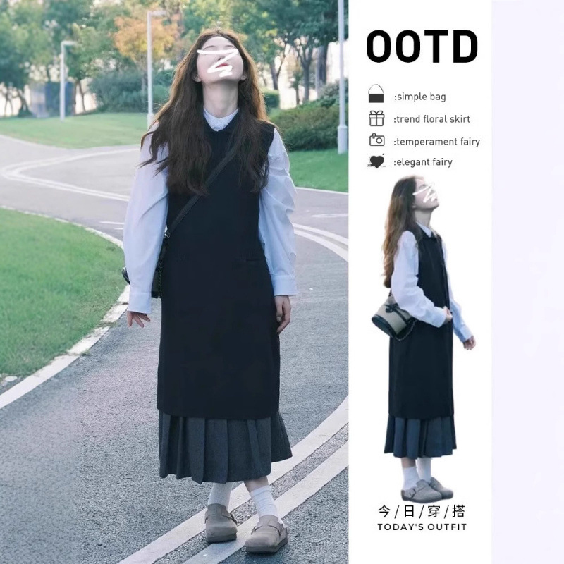 향긋한 스타일 조끼로 쌓인 프랑스 셔츠 원피스 여성 착용은 2025 년 초봄에 풀 세트 원피스