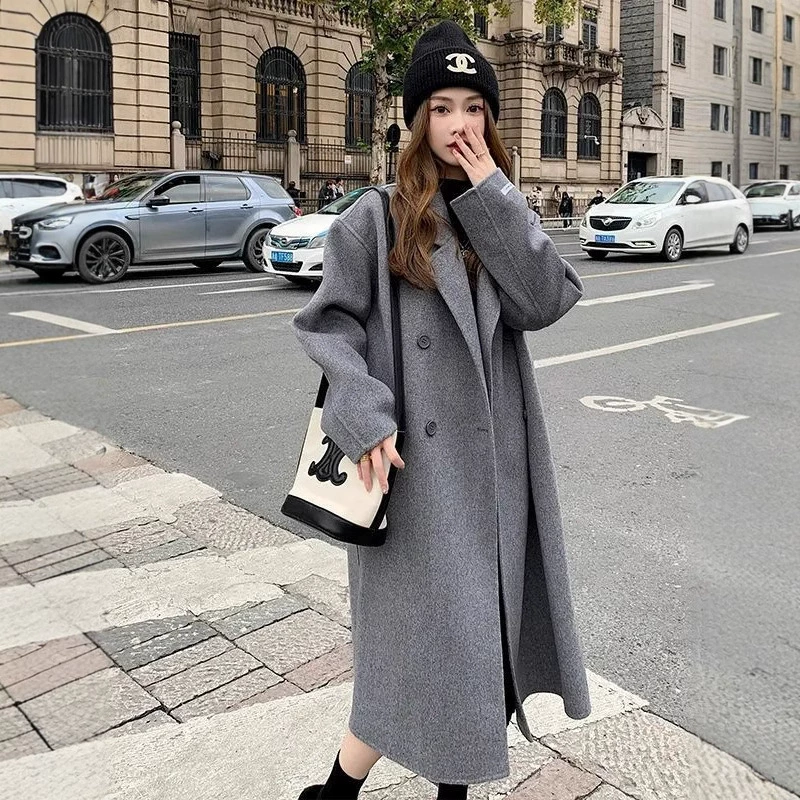 Демисезонное длинное шерстяное пальто цвета фуксии, куртка, корейский стиль, средней длины