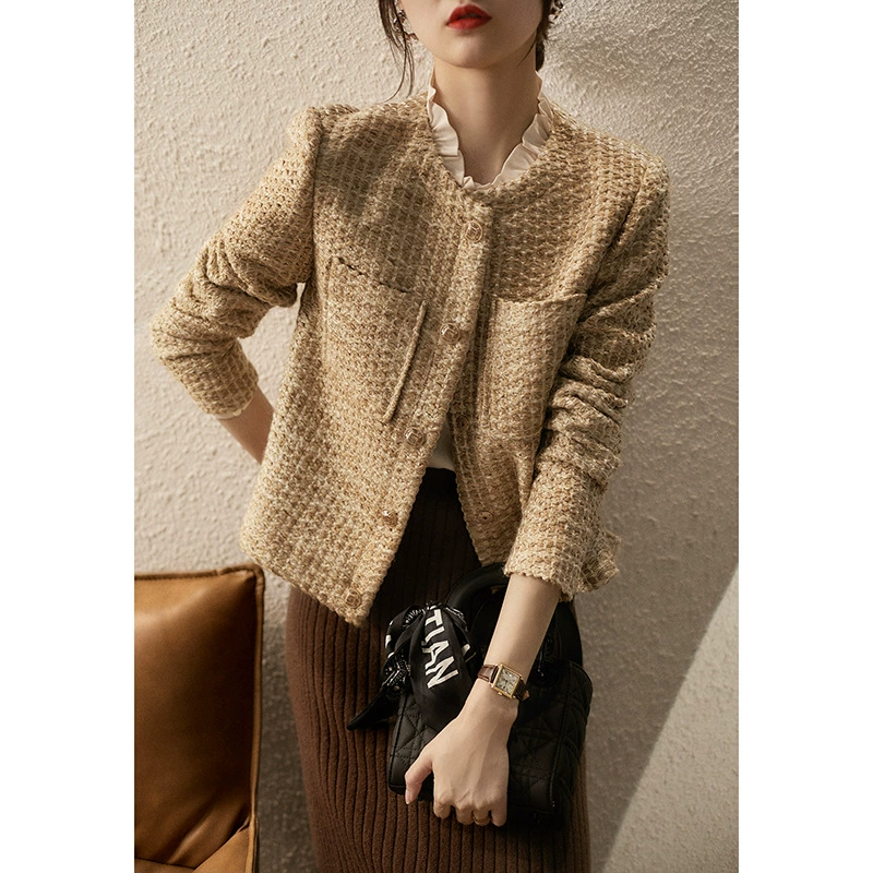 Модная осенняя ретро-куртка с круглым воротом, slim fit, стиль Chanel, элитная