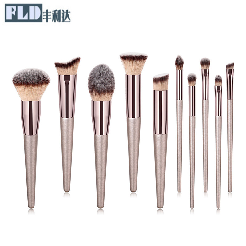 Fenglida fabricante, venta al por mayor de set de 10 brochas de maquillaje para rostro, brocha para base de maquillaje, brocha para sombra de ojos color oro champán, set de brochas para rubor.