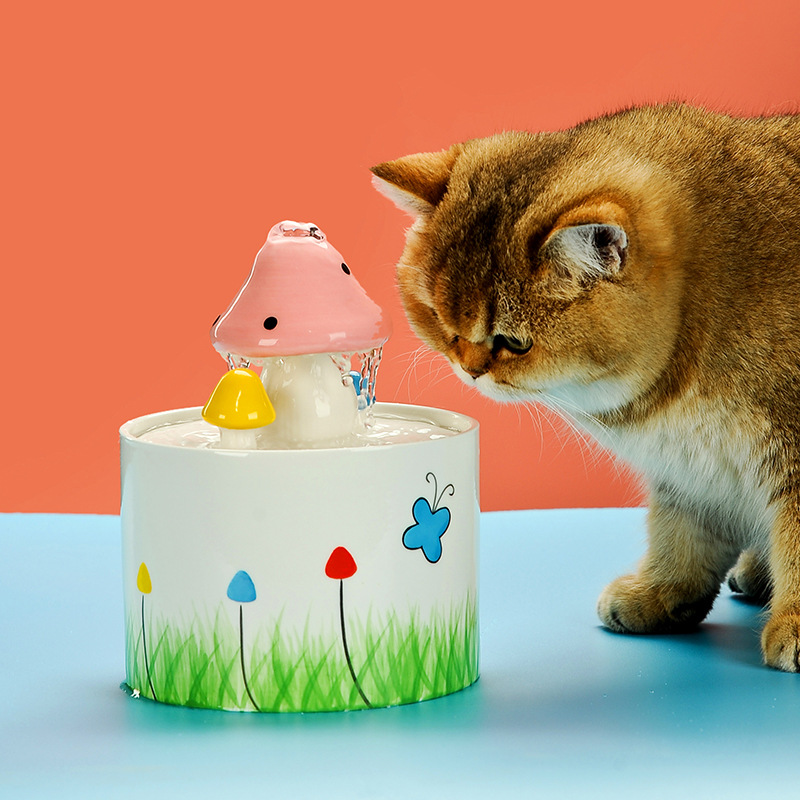Inteligente de cerámica nueva Rosa seta PET dispensador de agua para mascotas Alimentador automático al aire libre gato bebedero tazón circulación