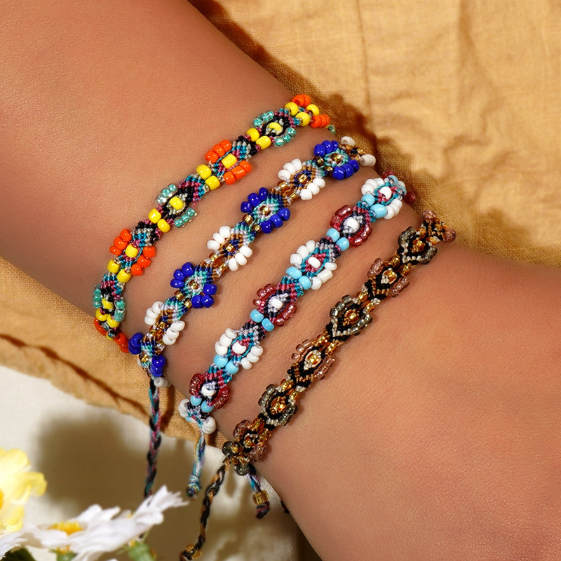 Cross-Border Colorful Flower Rice Beads Beaded Friendship Couple Evil Eye Handmade Adjustable Bracelet Suitable for Women and Men