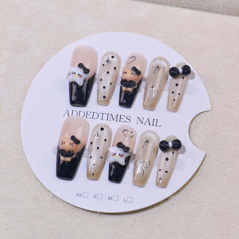 Medium and long French cute cat black pure hand-worn nail light therapy nail patch finished wholesale fake nails Medium and long French cute cat black pure hand-worn nail light therapy nail patch finished wholesale fake nails