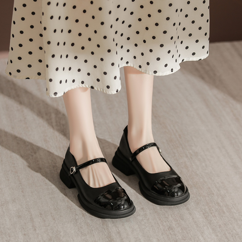Cross-Border Black Apricot Color Block Genuine For Women Low Heel Slip-On British Style Rubber Sole French Mary Jane_vogvips.com