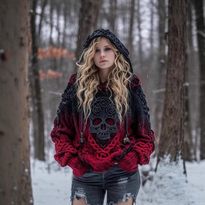 2025 European and American Cross-Border Popular Autumn and Winter Loose Hooded Top Casual Drop-Shoulder Retro Women's Printed Faux Sweater