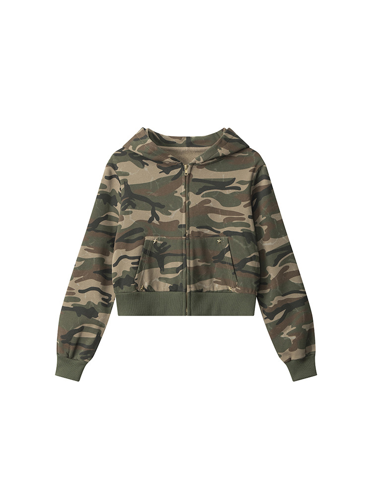 つるヘンリーアメリカン迷彩ショートギャルフード付きパーカーレディース2025春秋ジッパーレトロカーディガンコート