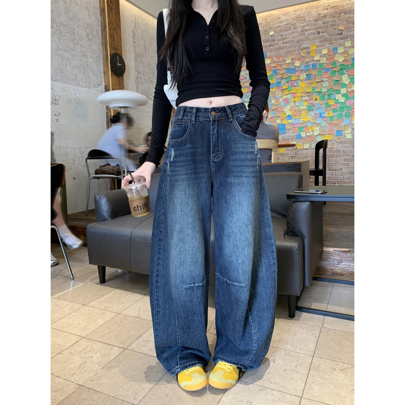 新款弯刀牛仔长裤女后袋刺绣设计感宽松复古水洗拖地阔腿裤子|undefined