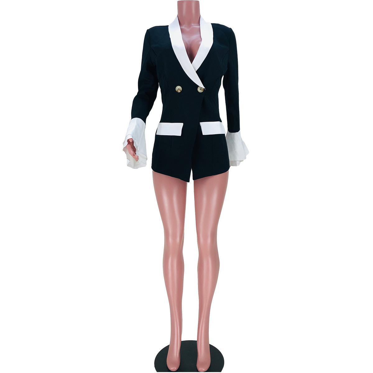 Women's Clothing autumn new black small for women solid color collar double breasted splicing flared sleeve suit jacket_voghion.com