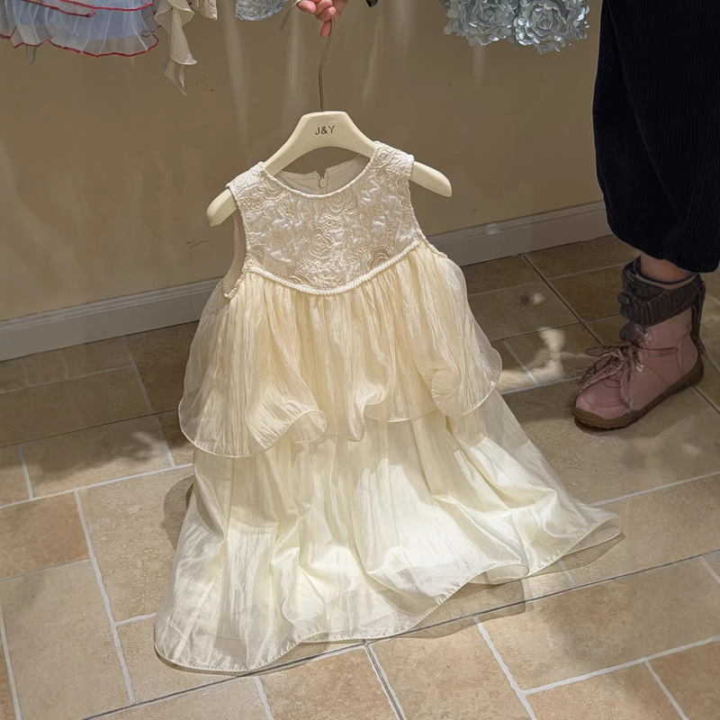 26Th Summer New Style Sleeveless Mesh Solid Color Fairy Princess Dress with Embroidered Design and Faux Two-Piece Dress