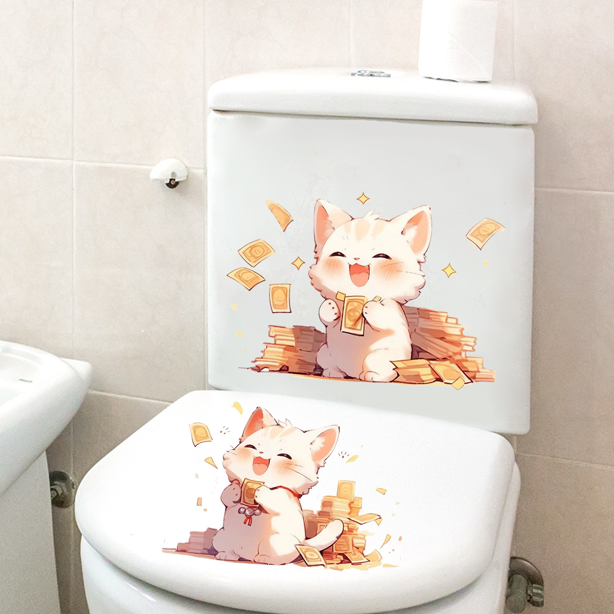 새로운 만화 행운의 고양이 벽지 화장실 스티커 욕실 욕실 홈 장식 벽 스티커 자체 접착 및 제거 가능