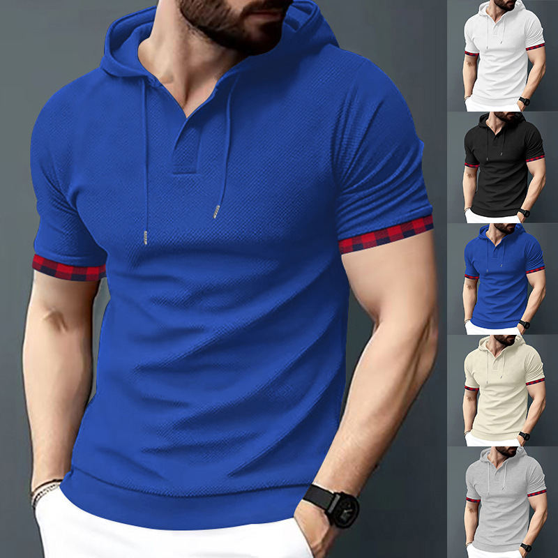 Men's hoodie men's casual short sleeved t-shirt top color matching sleeves_vogarts.com