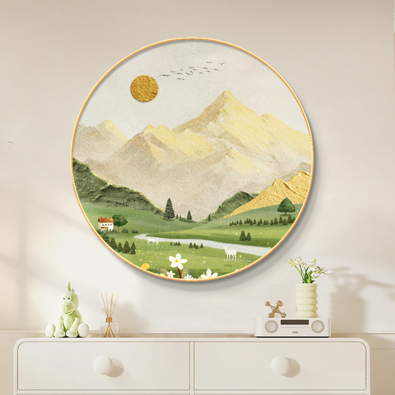 日照金山入户正对门玄关装饰画圆形饭厅餐桌挂画山水风景肌理壁画