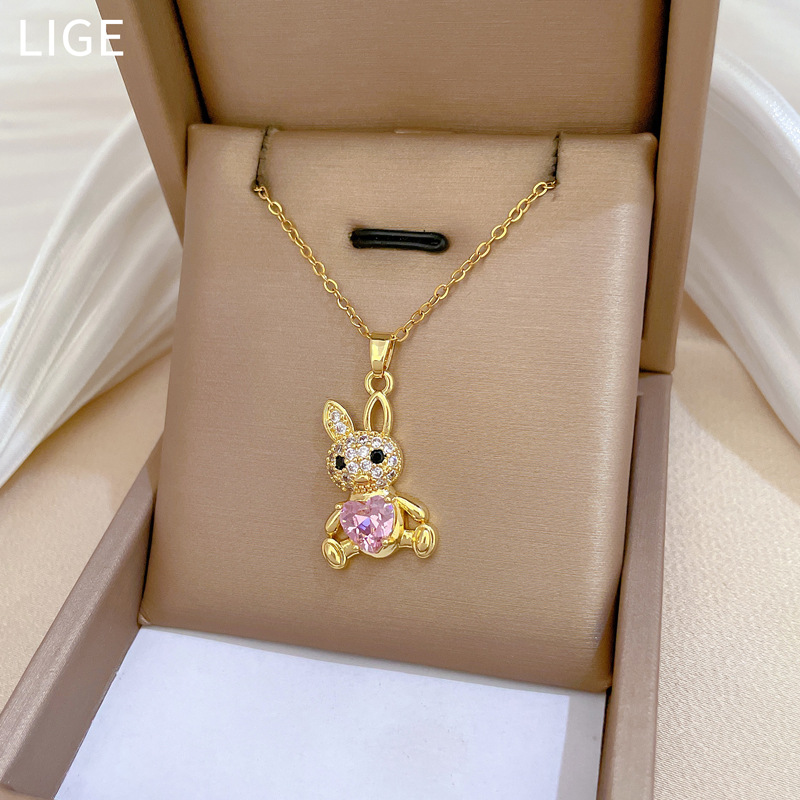 Luxurious Long Eared Rabbit Necklace And Earring Set Titanium_voghion.com