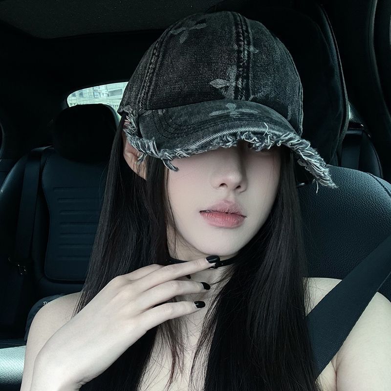 设计美式ins复古破布扎染水洗休闲百搭毛边棒球帽牛仔新款鸭舌帽