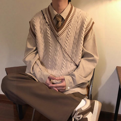 秋冬季新款复古宽松日系学院风麻花条纹毛衣针织衫马甲背心男女潮