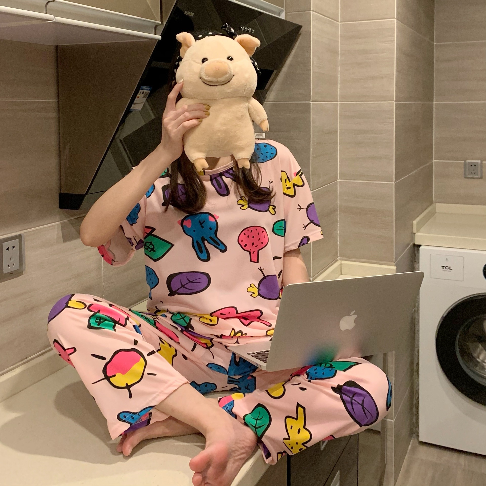 Pijamas pantalones de manga corta traje de dos piezas estudiante estilo coreano dibujos animados mujeres jóvenes delgadas primavera y otoño verano nueva ropa para el hogar