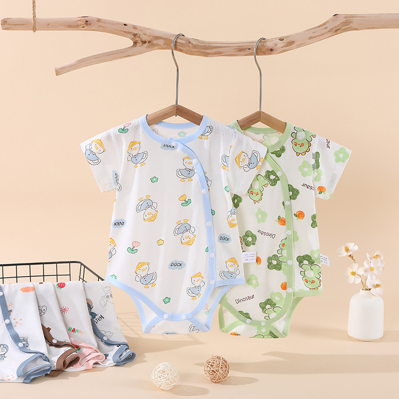 Baby Baby Short-sleeved Wrap Fart Clothes Summer Thin Slant Open Class A A Pure Cotton Boneless Men's and Women's Baby Summer Climbing Clothes Newborn