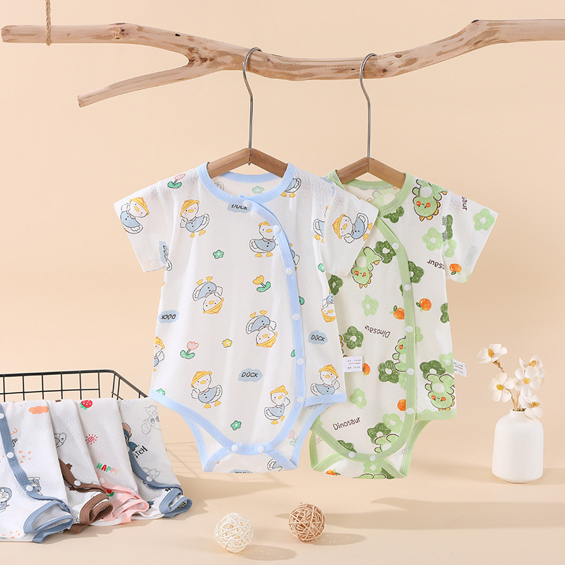 Baby Baby Short-sleeved Wrap Fart Clothes Summer Thin Slant Open Class A A Pure Cotton Boneless Men's and Women's Baby Summer Climbing Clothes Newborn