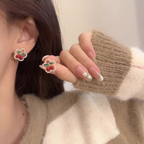 S925 Silver Pin Red Cherry Pearl Earrings for Women, Japanese Style, Fresh, Cute, Sweet, Unique Design, Wholesale Earrings