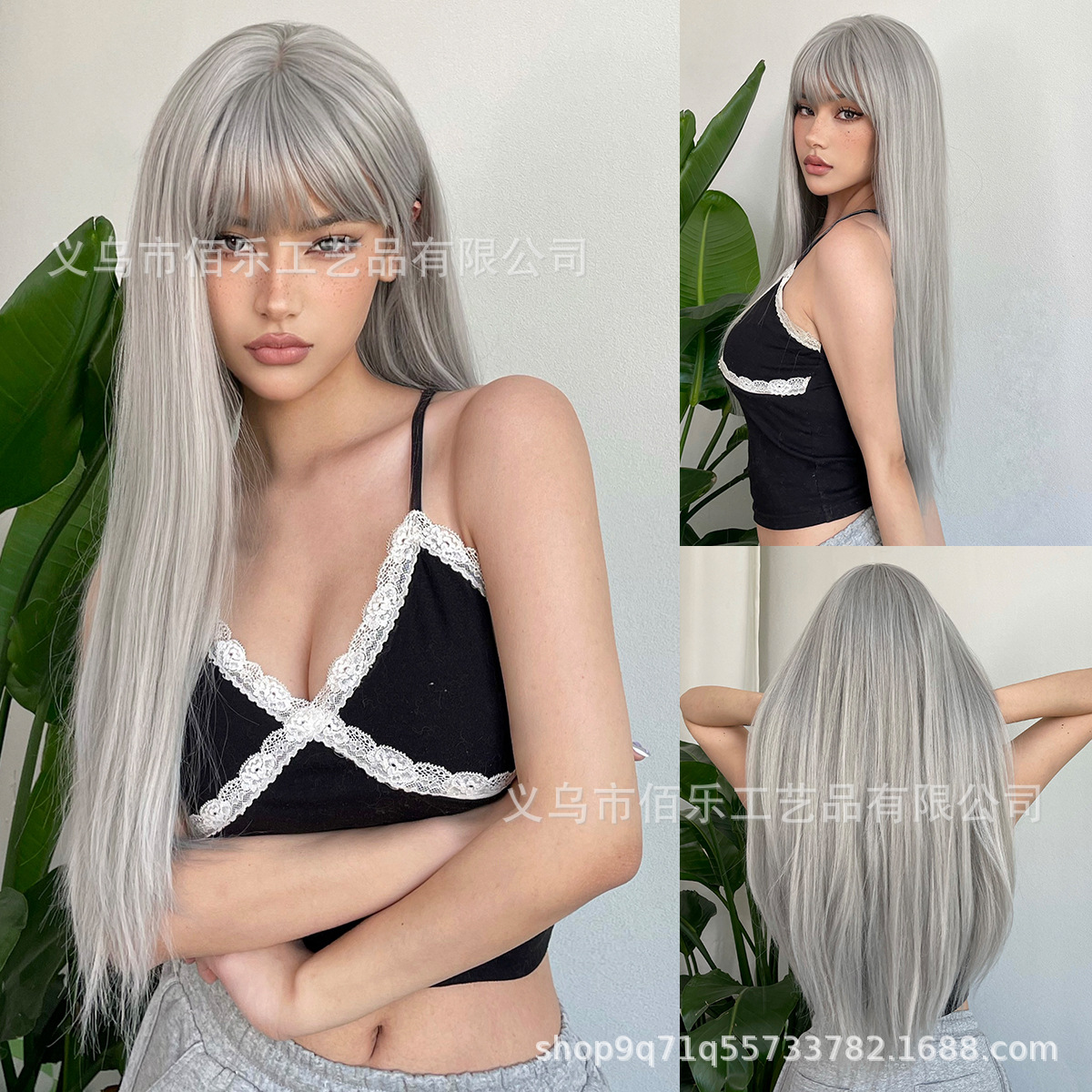 Venta caliente peluca gris plata flequillo recto Pelo Largo alta temperatura FÁBRICA DE coaplay seda transfronteriza pelucas al por mayor