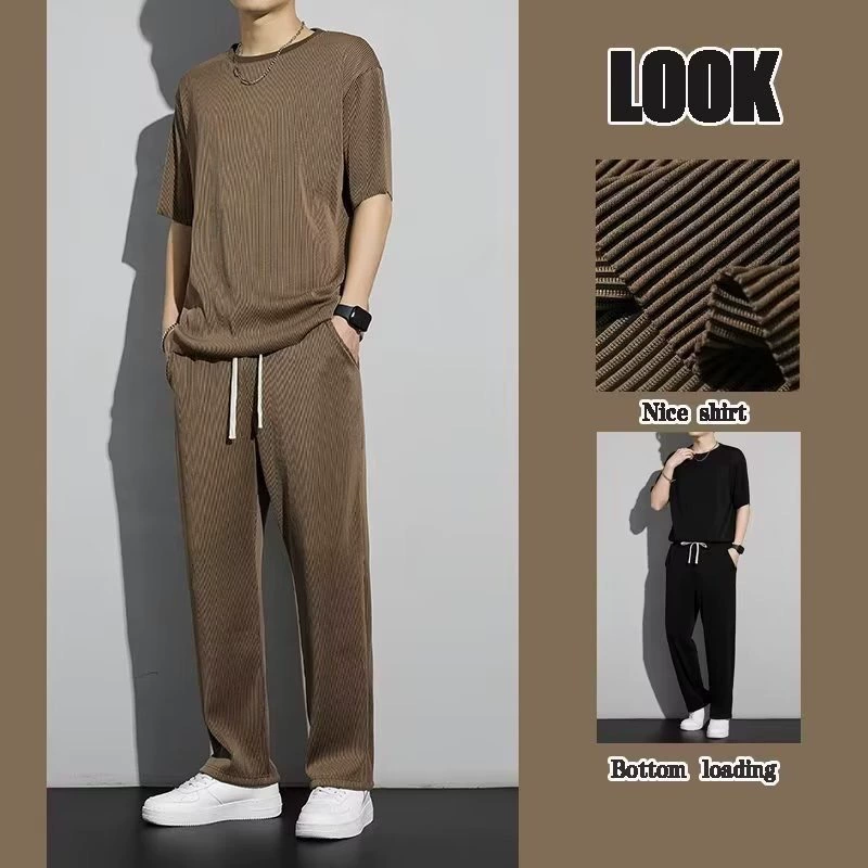 Спортивный комплект из ледяного шелка мужские брюки Летний тонкий 2024 новый тренд свободные и вертикальные мужские дышащие повседневные брюки