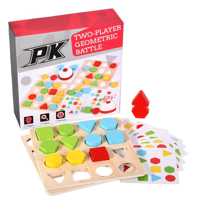 Educación temprana de los niños doble batalla rompecabezas color cognición inteligencia juego juguete geométrico producto madera forma a juego