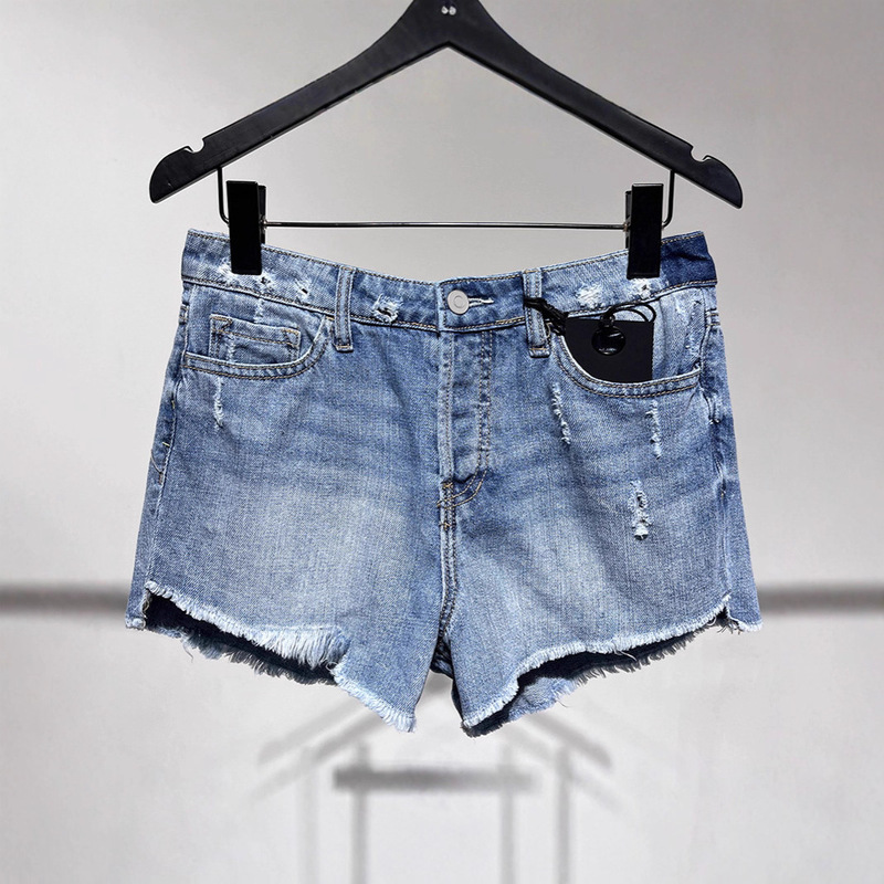 Original Hot Girl Style Blue Washed Mid-Waist Four-Button Ripped Raw Edge Denim Shorts Hot Pants Women's Slimming Pants
