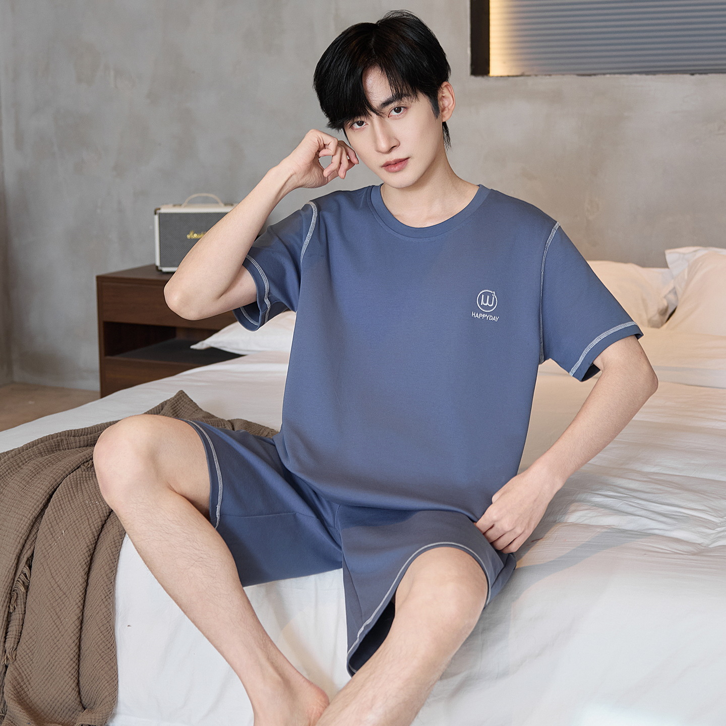 100% 純綿パジャマ男性半袖夏の薄いタイプの青少年カジュアルでゆったりした綿100% の家庭服セット