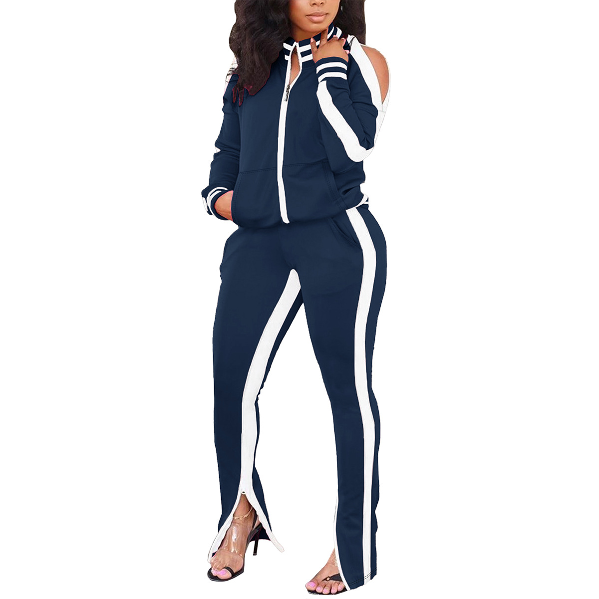 Women's Long Sleeve Round Neck Top With Pants 2-Piece Set Side Striped Casual Outfit Comfortable Daily Wear_ecoleips.com