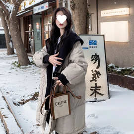 连帽拼接羽绒服女冬季2024新款流行韩系中长款加厚保暖白鸭绒外套