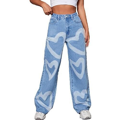 2022 European and American Cross-Border Amazon Aliexpress Independent Site Heart-Printed Jeans Wide-Leg High-Waisted Comfortable Casual 2022 European and American Cross-Border Amazon Aliexpress Independent Site Heart-Printed Jeans Wide-Leg High-Waisted Comfortable Casual