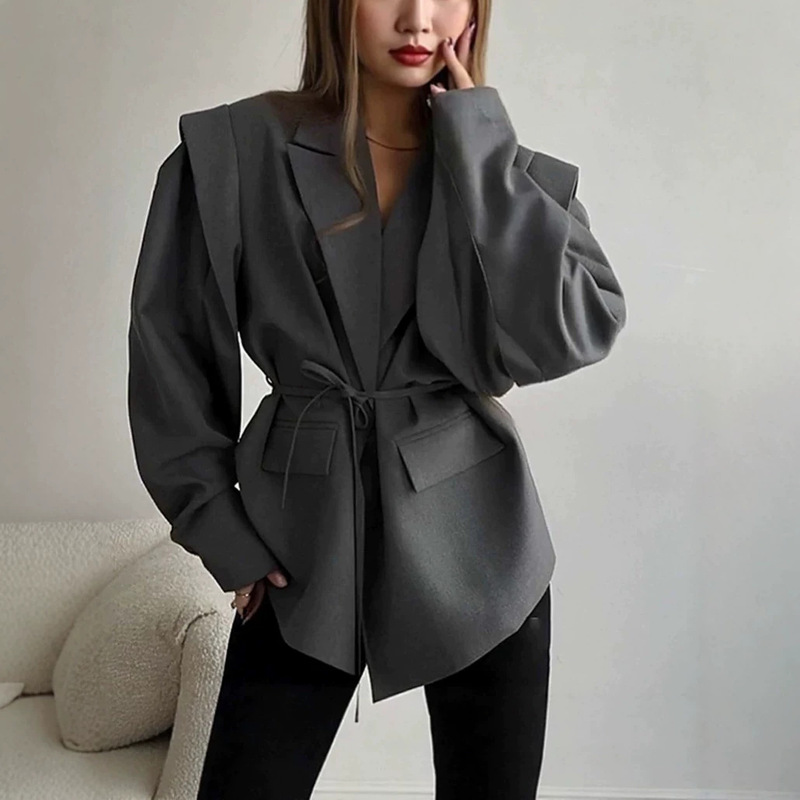 2026 Autumn/Winter New Cross-Border European and American Fashion Slim-Fit Waist-Defining Tie-Strap Loose Versatile V-Neck Blazer for Women